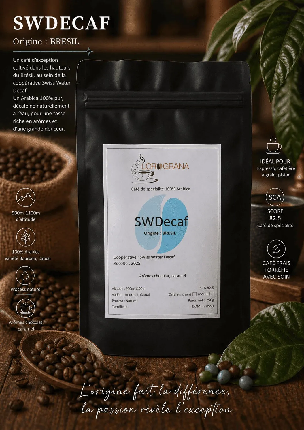 Découvrez les principales caractéristiques du café SW Decaf, un café de spécialité décaféiné avec soin pour préserver au mieux ses qualités aromatiques. Une tasse équilibrée et gourmande, idéale pour profiter du plaisir du café avec une teneur en caféine fortement réduite.