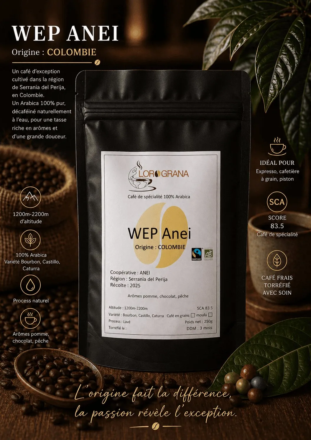 Café WEP Anei, un café de spécialité colombien cultivé en altitude, offrant une tasse équilibrée aux notes de pomme, de chocolat et de pêche.