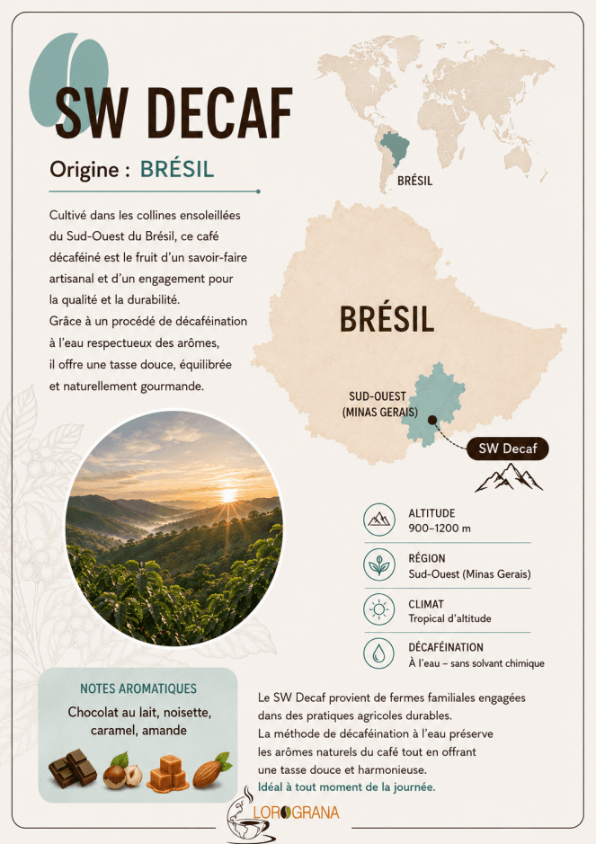 Ce café décaféiné du Brésil bénéficie d’un procédé de décaféination rigoureusement contrôlé pendant environ 10 heures. La méthode permet d’éliminer jusqu’à 99,9 % de la caféine, tout en conservant les caractéristiques aromatiques du café.