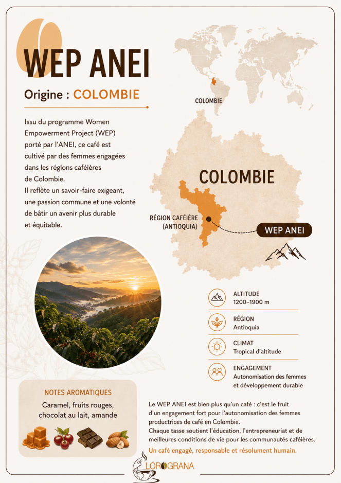 Le café WEP ANEI est un Arabica cultivé en Colombie entre 1 200 et 2 200 mètres d’altitude. Son profil aromatique associe des notes fruitées de pomme et de pêche à une touche gourmande de chocolat, pour une tasse acidulée, aromatique et sucrée.