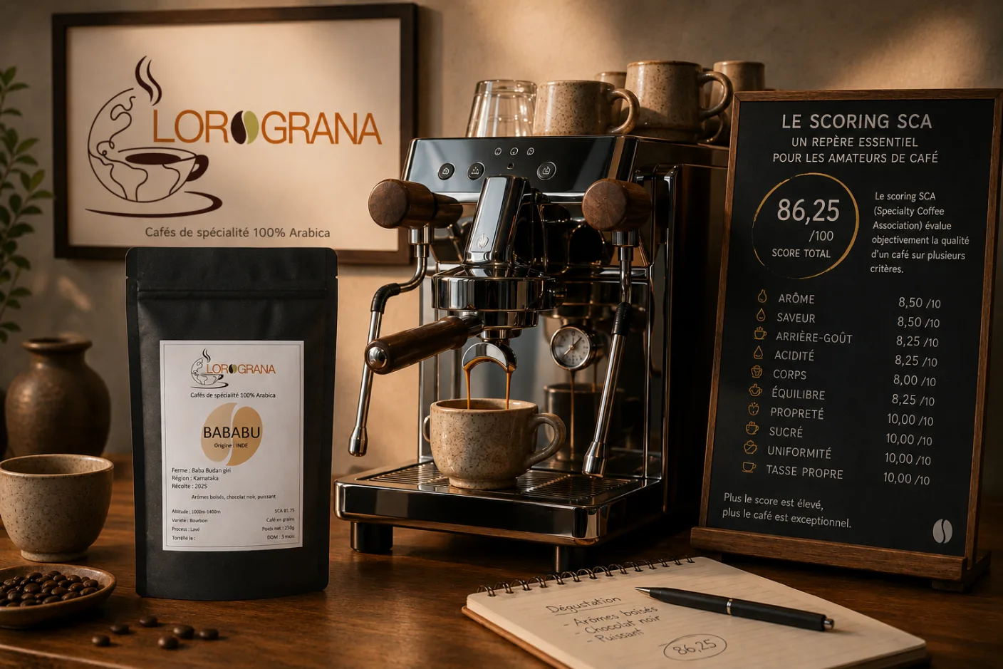 Le scoring SCA des cafés de spécialité permet d’évaluer et de décrire différentes caractéristiques d’un café à travers une analyse structurée. Arômes, saveurs, texture et autres attributs sensoriels participent à l’évaluation de sa qualité et de sa valeur.