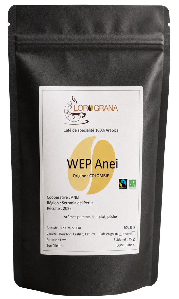Découvrez le café de Colombie WEP Anei, un Arabica cultivé entre 1 200 et 2 200 mètres d’altitude. Ses notes de pomme, de chocolat et de pêche offrent une tasse acidulée, aromatique et naturellement sucrée.